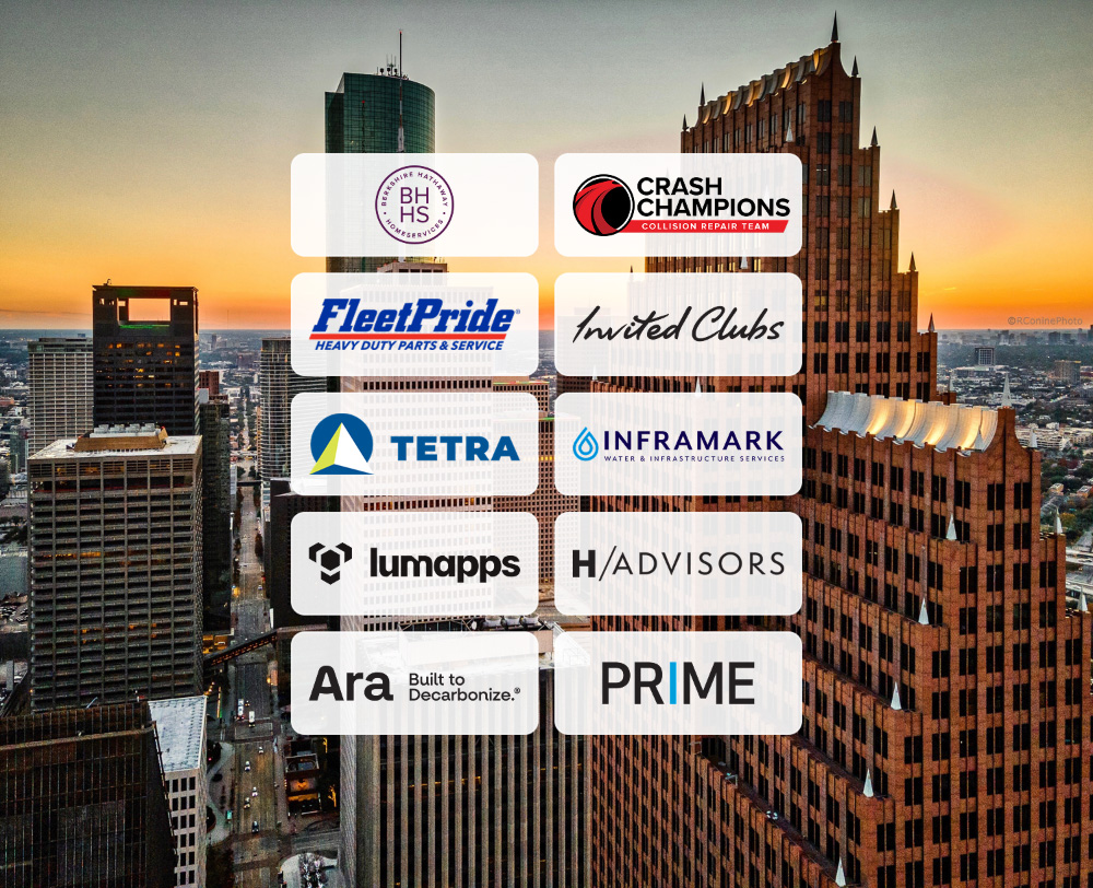 City skyline with a list of logos displayed: BHHS, FleetPride, Tetra, lumapps, Ara, Crash Champions, Invited Clubs, Inframark, H/Advisors, Prime